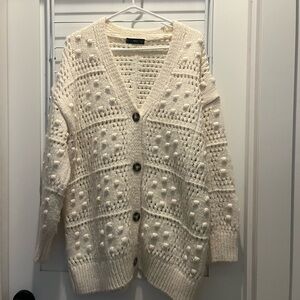 Mango Cream Textured Pom-Pom Knit Cardigan Sweater